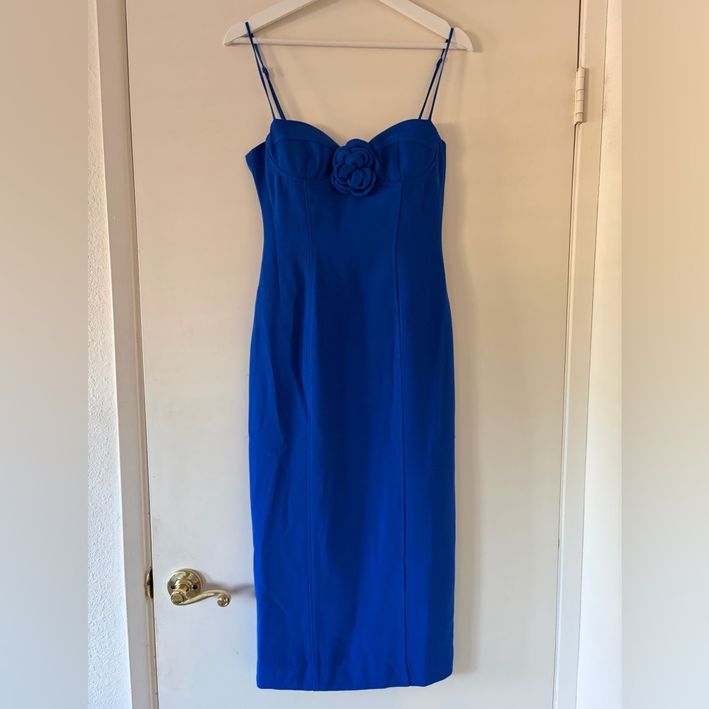 Bardot Royal Blue Strapless Sheath Dress with Floral Applique